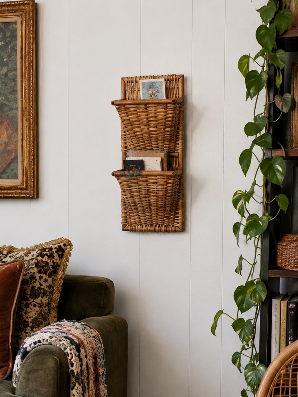 Vintage Wicker Rattan Wall Basket Organizer Boho Cottagecore Mail Planter Holder